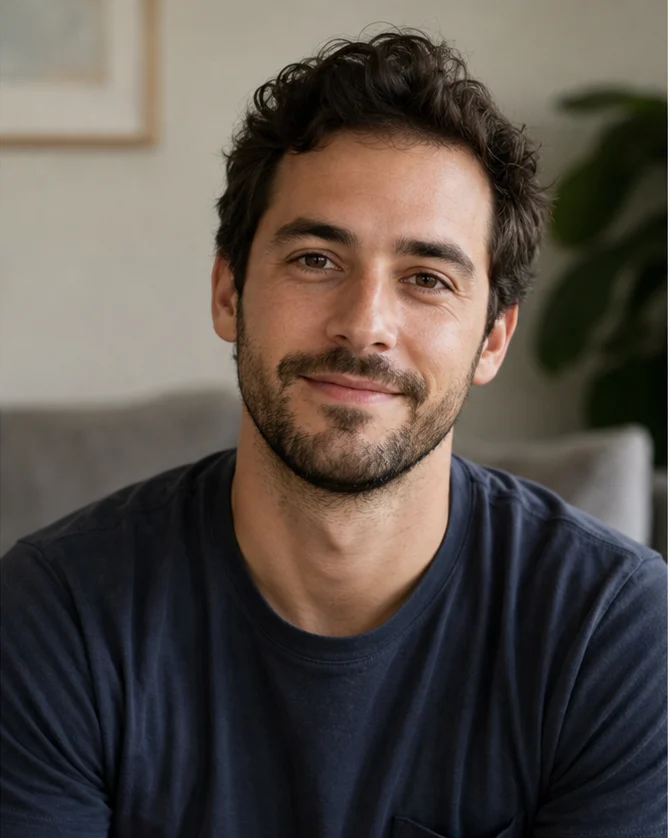 Sample profile photo of a smiling man in a dark T-shirt, taken in soft indoor lighting