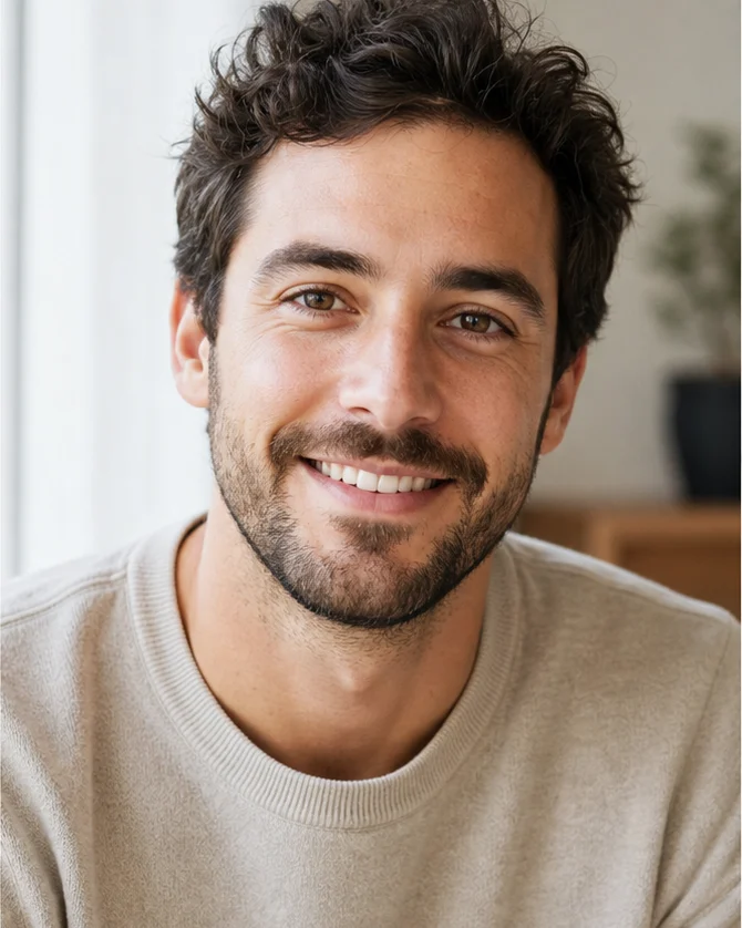 Sample profile photo of the same man in a light sweater, lit by brighter window light