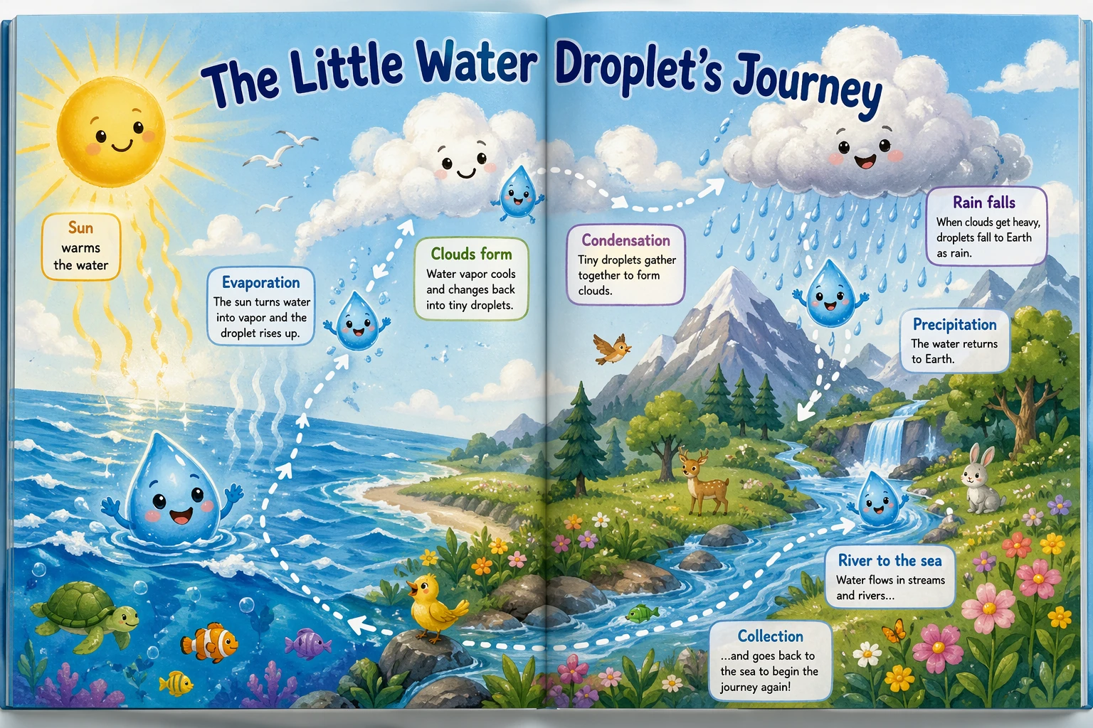 AI-generated children's picture book spread titled 'The Little Water Droplet's Journey' illustrating the water cycle with labeled stages