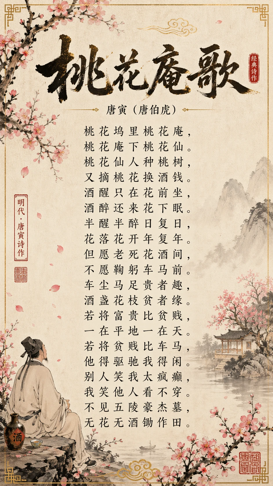 AI-generated vertical Chinese poetry poster in ink-wash style with calligraphy title, poem text, plum blossoms and a seated scholar