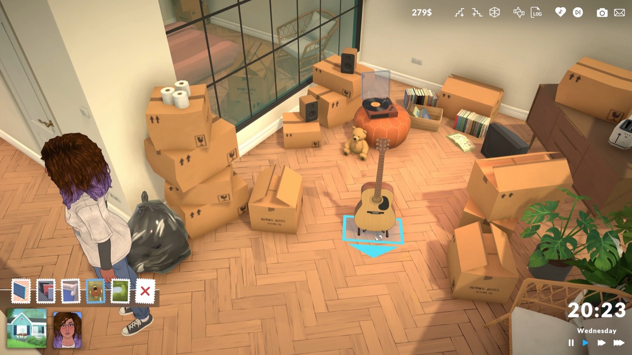 Paralives live mode with a Para in a new apartment full of moving boxes, a guitar selected and the in-game clock on screen