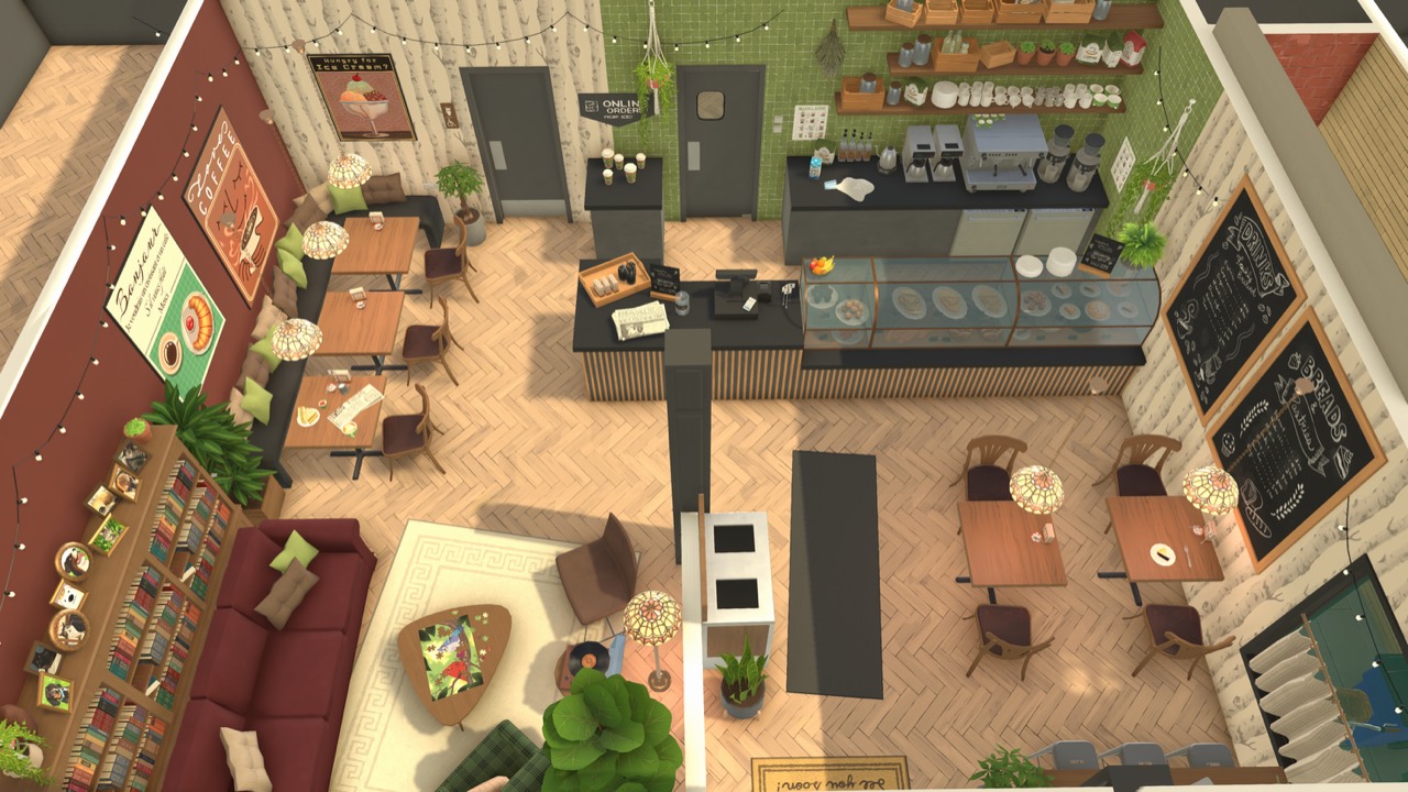 Top-down view of a furnished coffee shop built in Paralives build mode, with a counter, pastry display, tables and a bookshelf