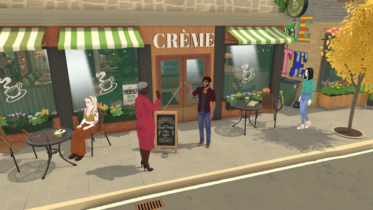 Paras chatting outside a café storefront on a street in the town of Melino