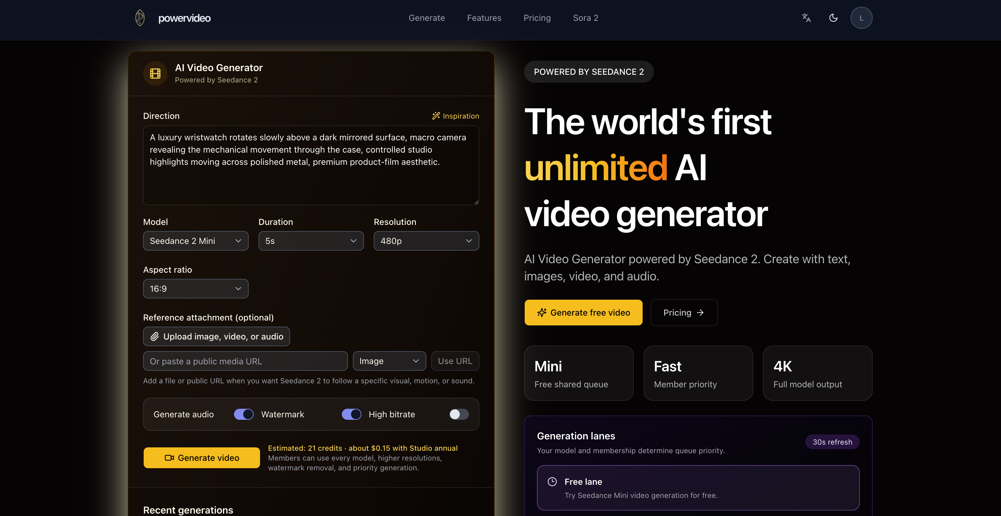 PowerVideo AI video generator interface with a direction prompt, model, duration, resolution and aspect ratio selectors, reference upload, and audio, watermark and high bitrate toggles