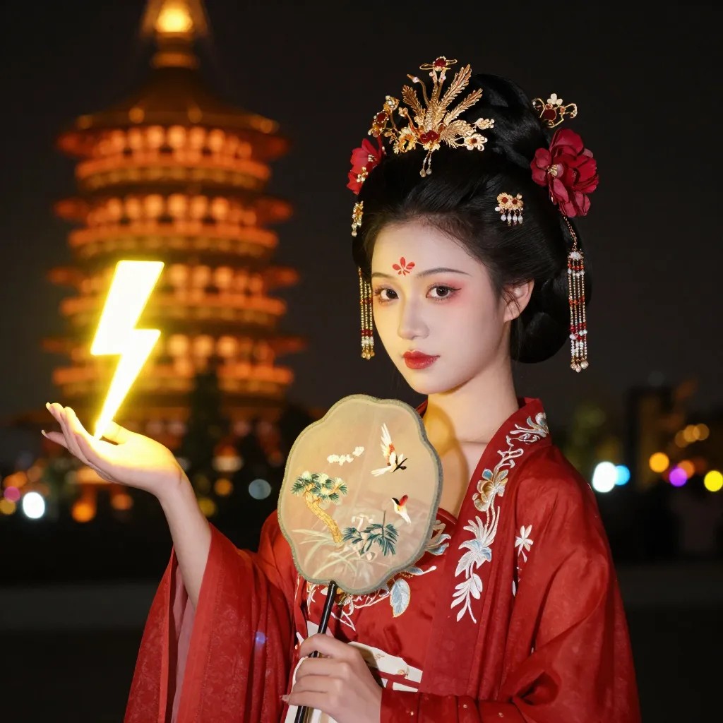 Generated portrait of a young woman in red Hanfu with a phoenix hairpiece, holding a fan in front of a lit pagoda at night