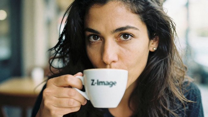 Photorealistic image of a woman sipping from a white cup with the text "Z-Image" printed on it
