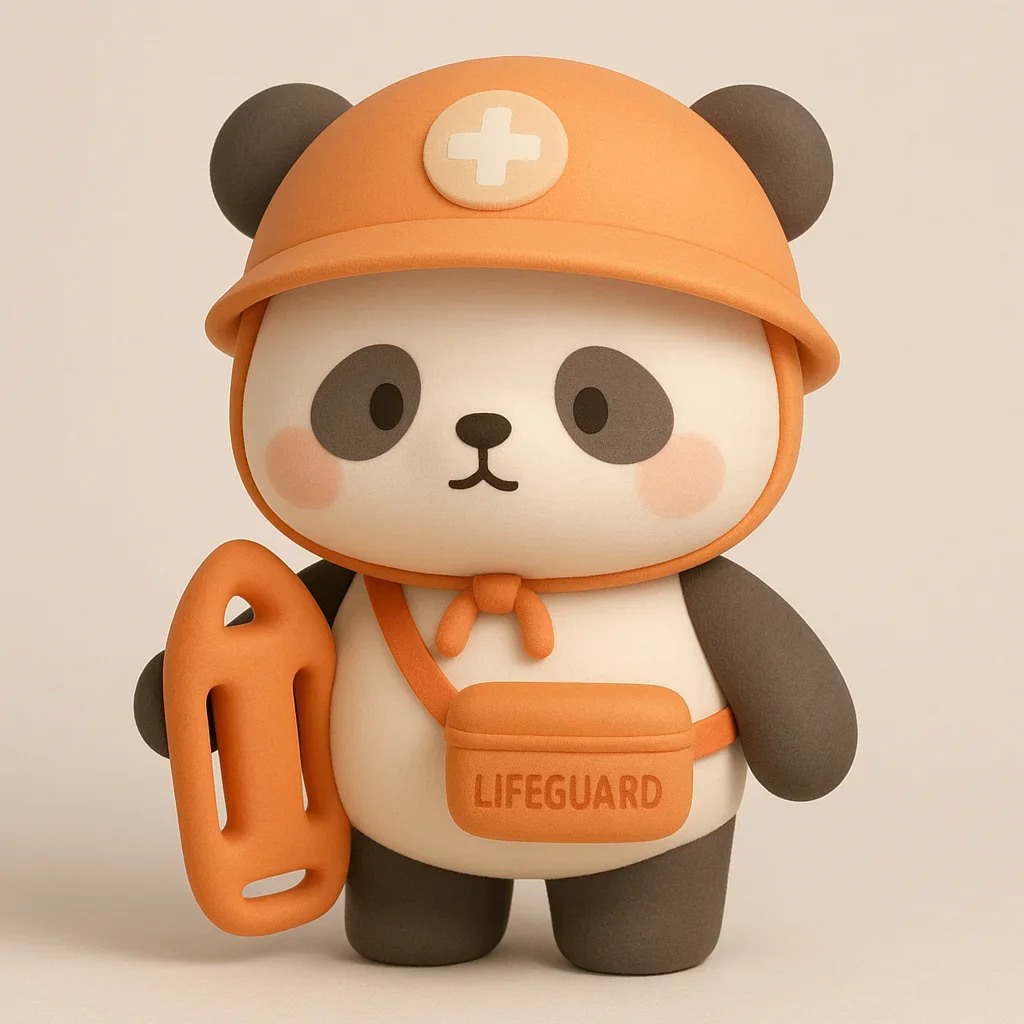 3D-rendered cartoon panda wearing an orange lifeguard helmet and bag, holding a rescue buoy