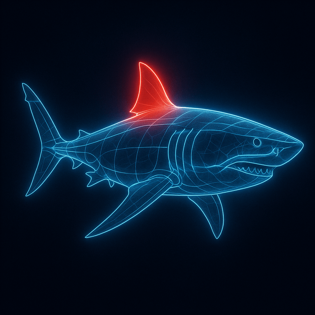 Glowing neon line drawing of a shark on a black background, with its dorsal fin highlighted in red