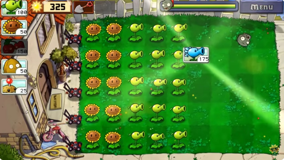 PVZ Hybrid daytime lawn with rows of sunflowers and pea shooters and an ice shooter selection card.