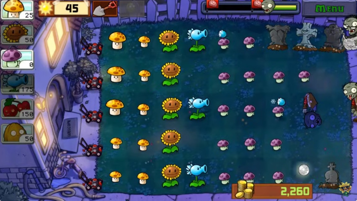 PVZ Hybrid nighttime gameplay with mushrooms, sunflowers, projectile plants, and approaching zombies.