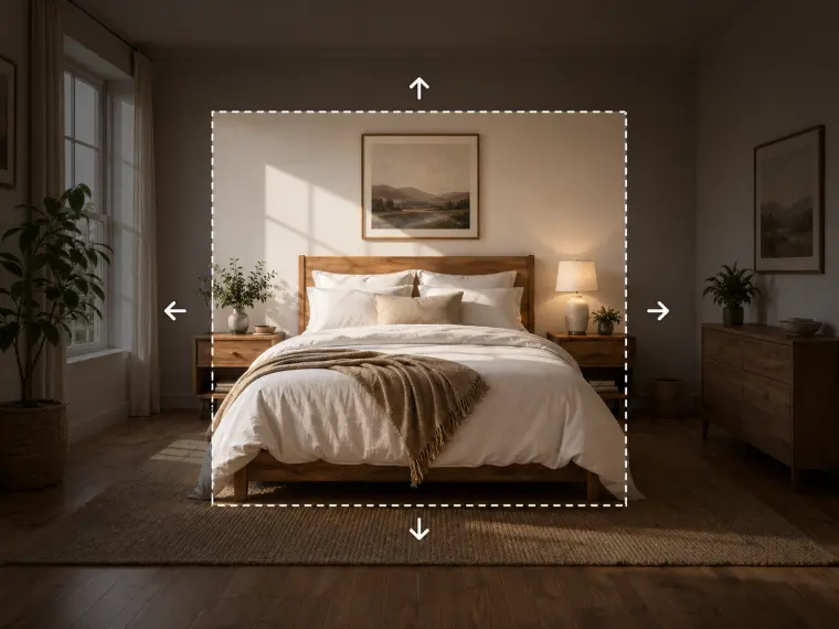 Bedroom photo with a dashed frame marking the original crop and arrows showing the image extended on all sides