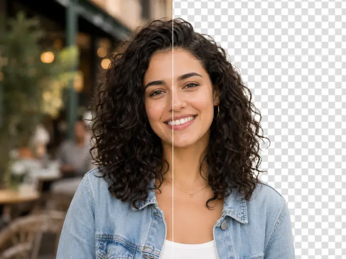Split portrait of a smiling woman with a café background on the left and a transparent checkerboard background on the right