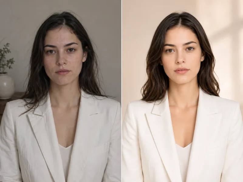 Before and after portrait of a woman in a white blazer, showing an edited, cleaner version on the right