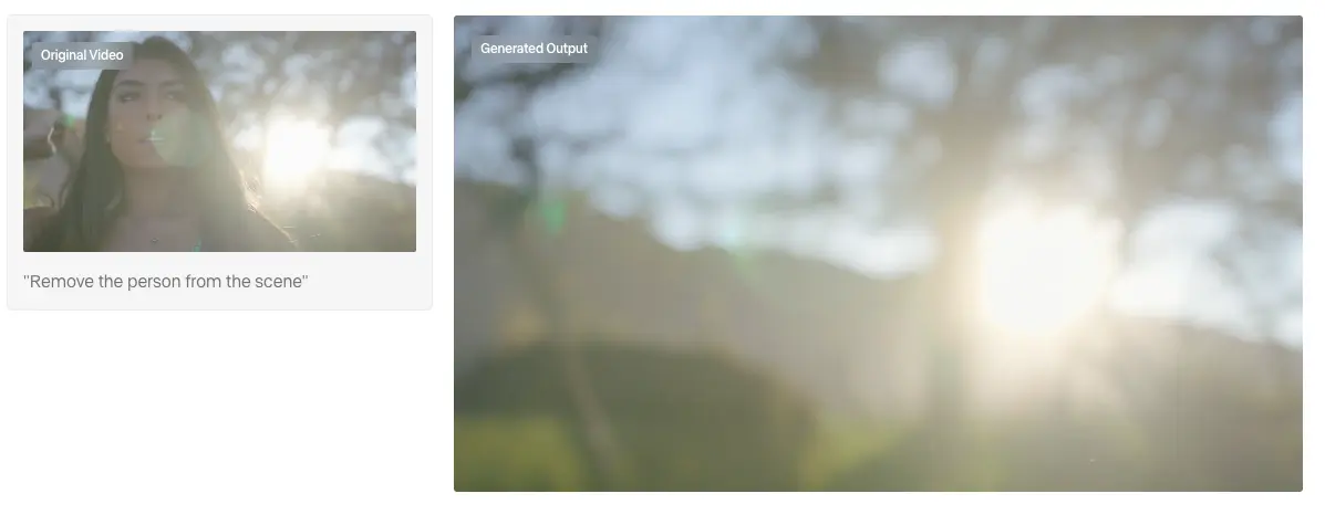 Original backlit clip of a woman next to an AI-edited output with the person removed from the scene
