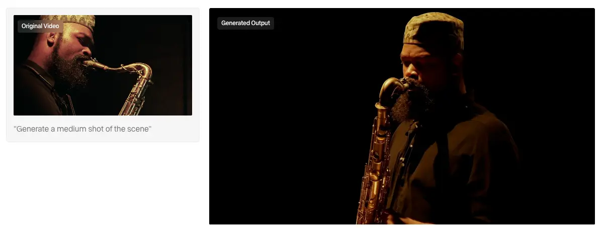 Side-by-side comparison of an original saxophone player clip and an AI-generated medium shot of the same scene