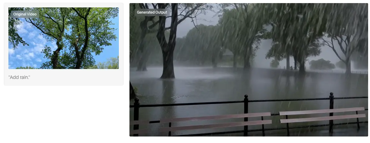 Original clip of trees under a blue sky next to an AI-edited version showing heavy rain over a flooded park