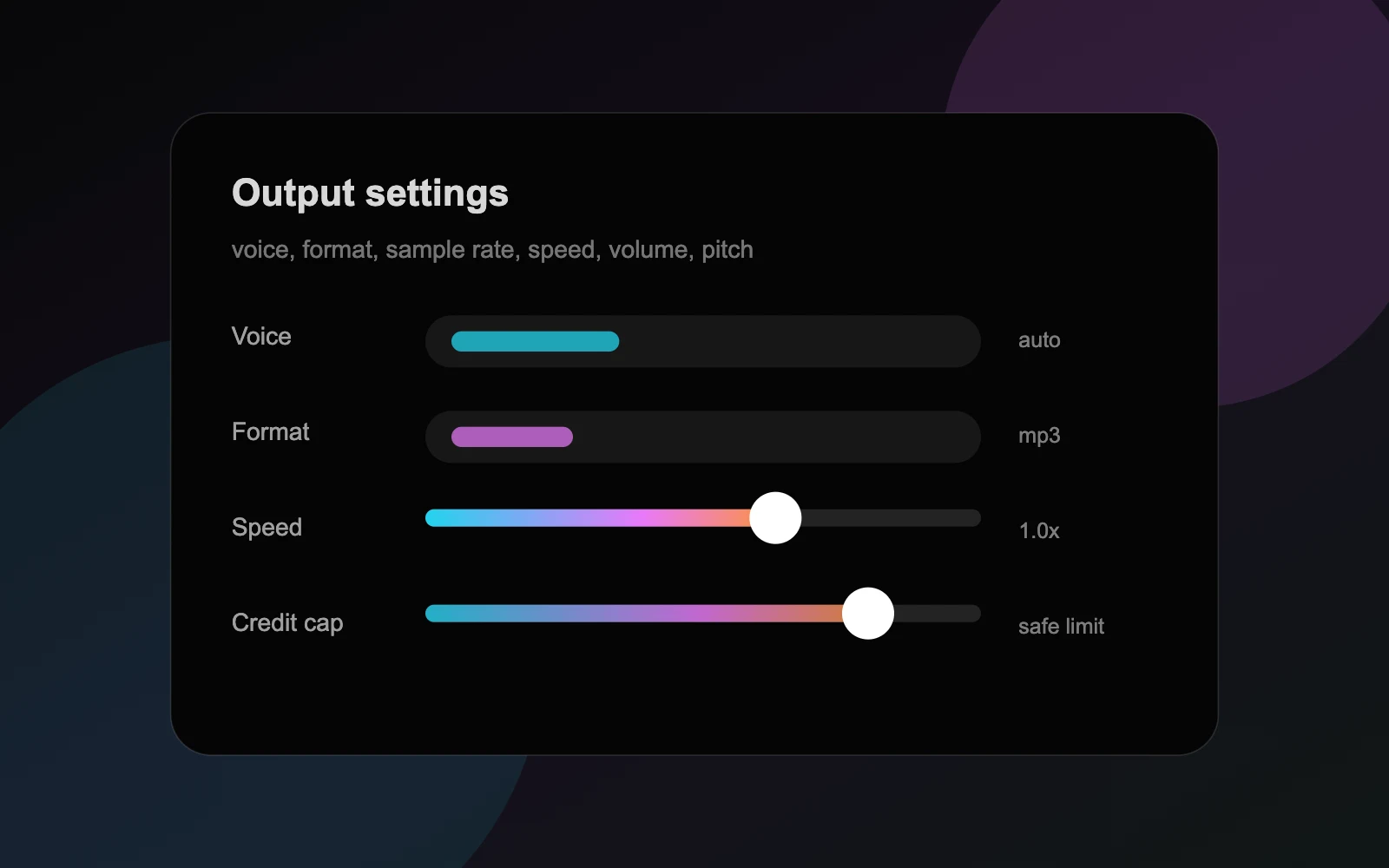 Seed Audio 1.0 output settings panel with voice, format, speed and credit cap controls