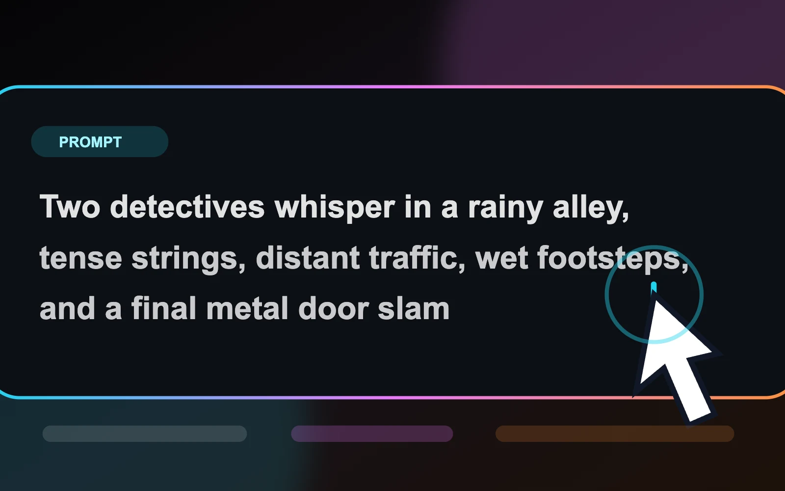 Seed Audio 1.0 prompt editor showing a sound-scene prompt about two detectives whispering in a rainy alley with strings, traffic, footsteps and a door slam