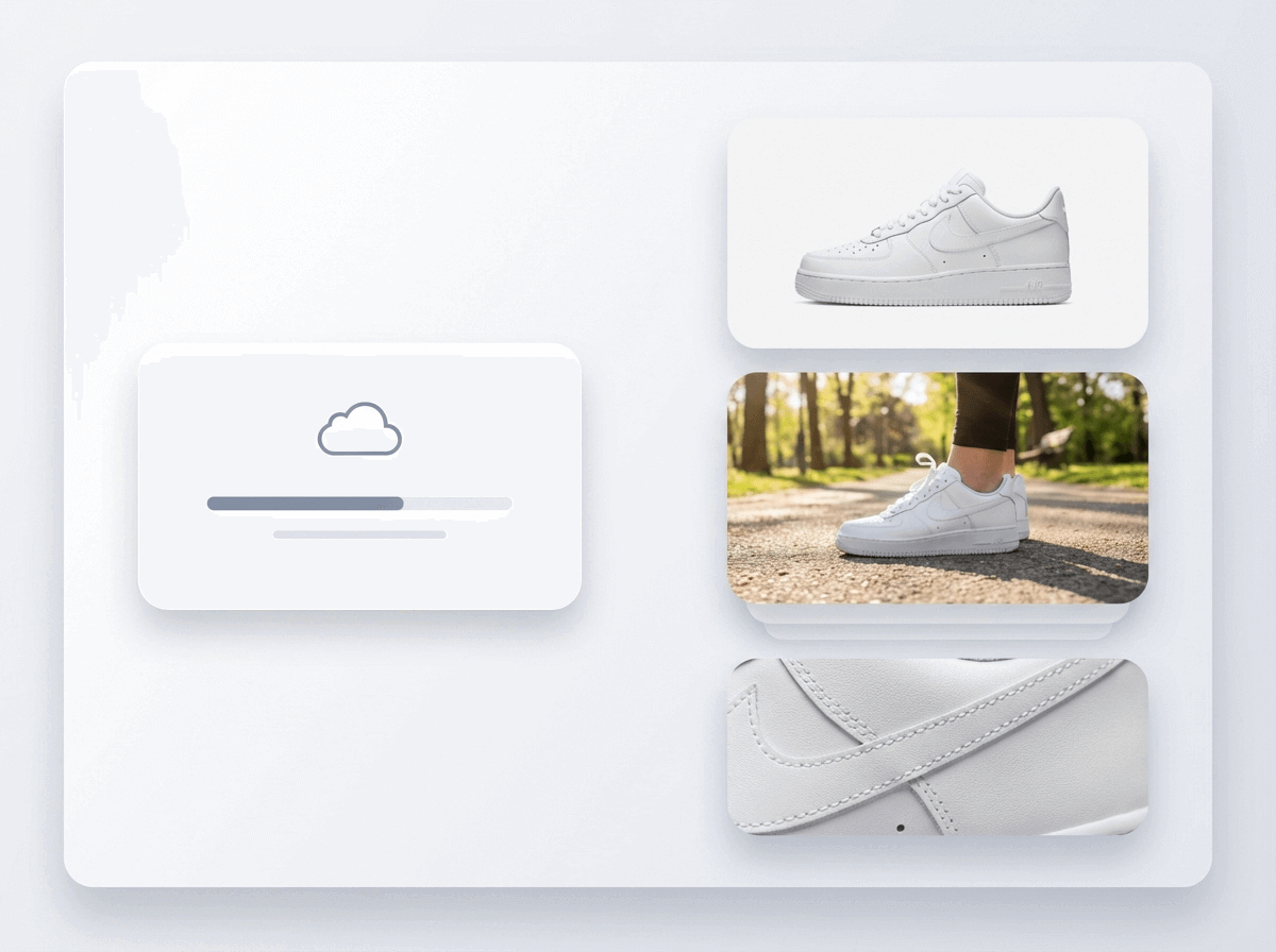 Sellshot AI preview showing a white sneaker on a plain background, in an outdoor lifestyle scene, and in a material close-up.