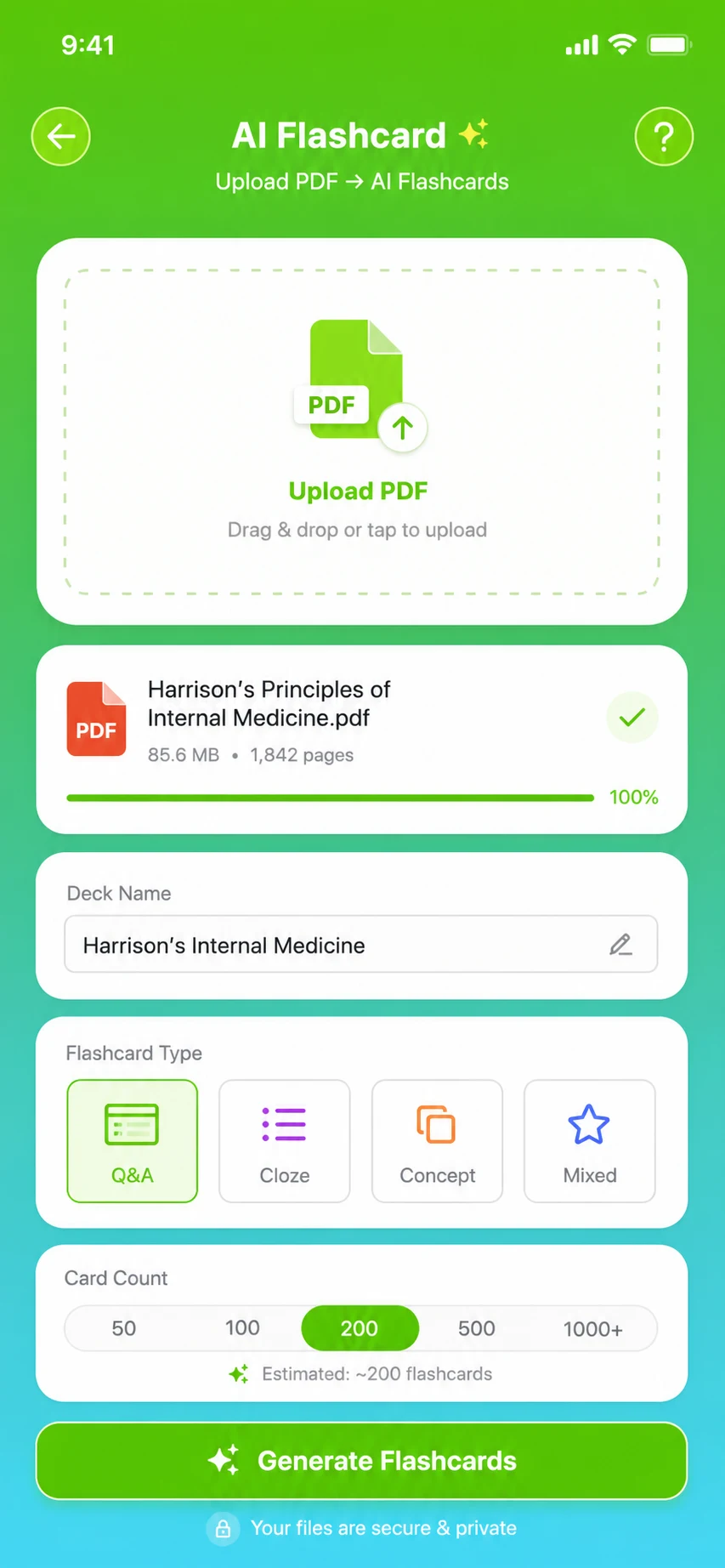 SmartRecall iOS screen for uploading a PDF textbook, naming the deck, choosing a flashcard type (Q&A, Cloze, Concept, Mixed) and a card count before generating flashcards