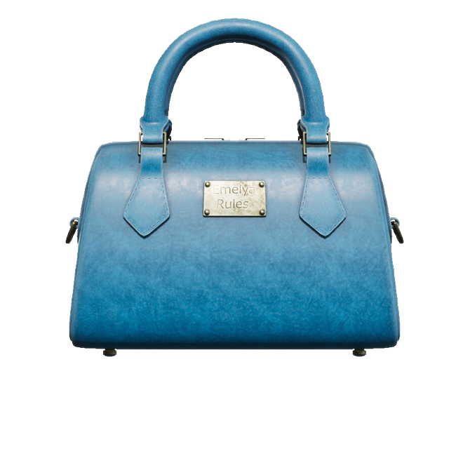 Blue leather handbag with a metal nameplate, shown front-on