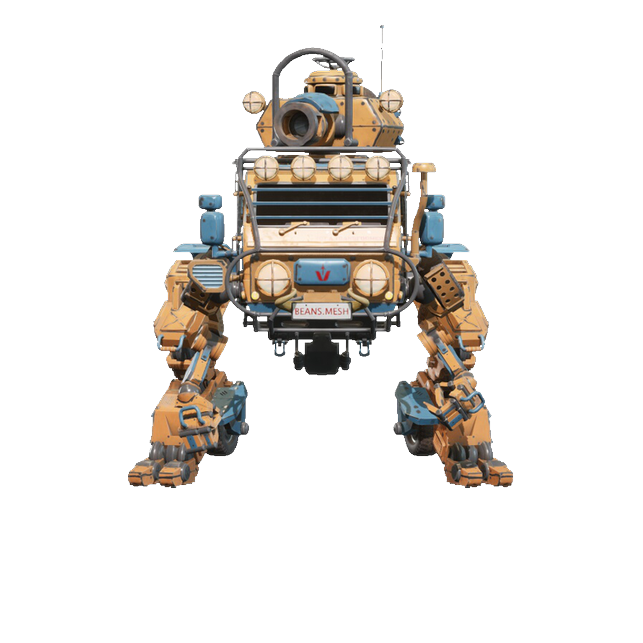 Detailed orange and blue walking mech vehicle with headlights and mechanical legs