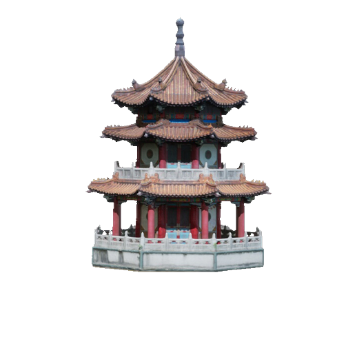 Photo of a multi-tiered Chinese pavilion with red columns and curved tiled roofs on a white background