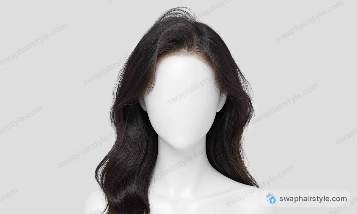 白色无脸模特头像上展示的深色长卷发发型参考图