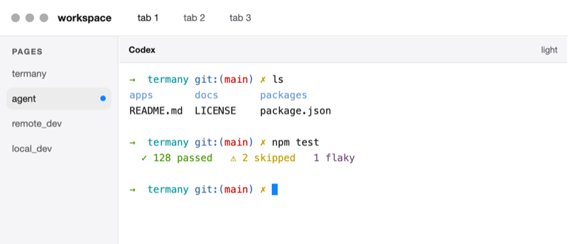 Termany 的 Codex 浅色主题,展示页面侧栏、三个标签页和终端命令输出。