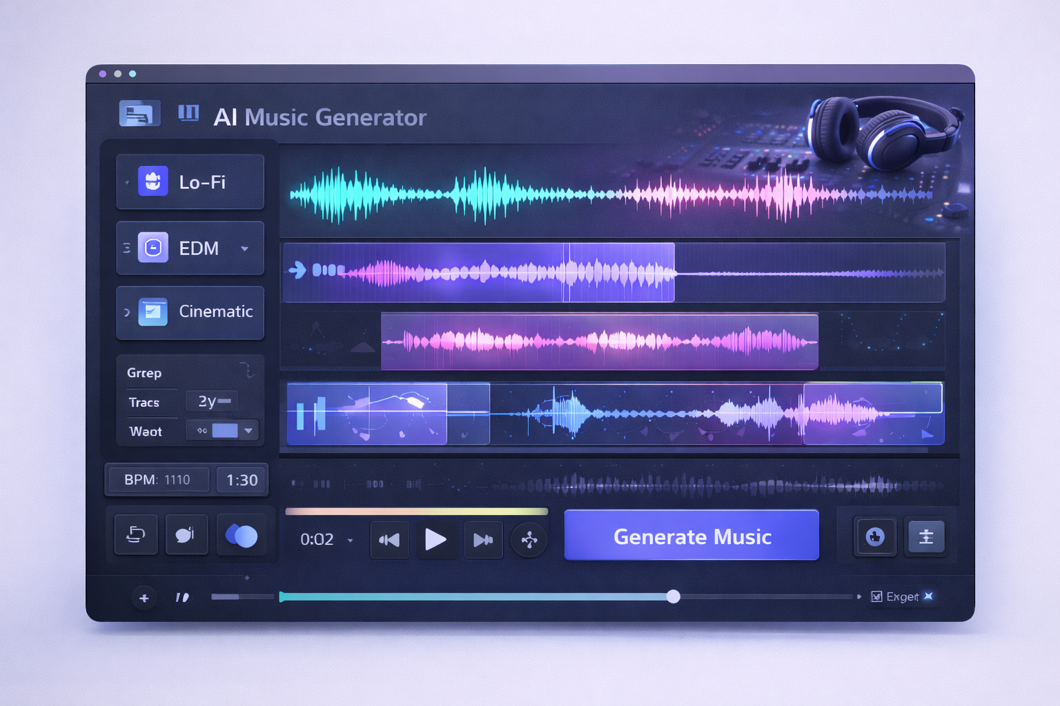 Text To Any AI music generator interface with genre presets such as Lo-Fi, EDM and Cinematic and audio waveforms