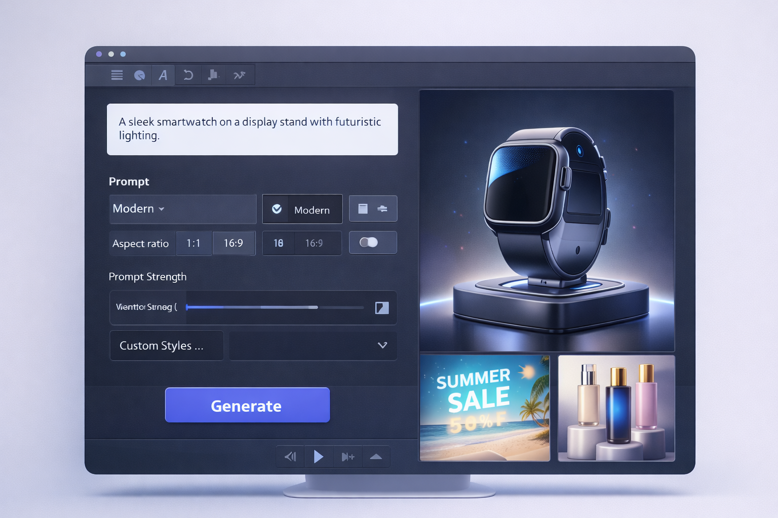 Text To Any text to image interface with a prompt, style and aspect ratio settings, and a generated smartwatch product image