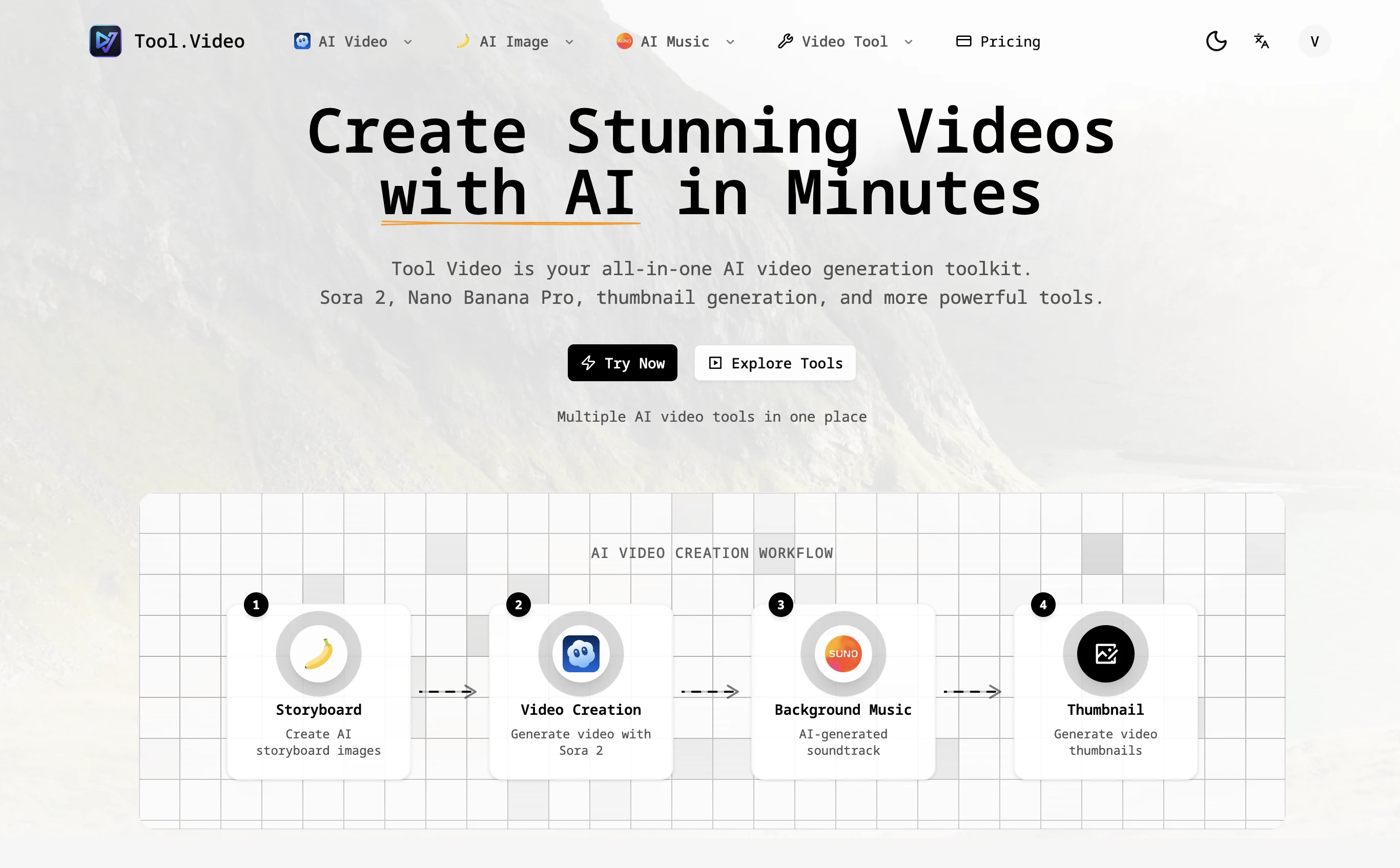 Tool.Video interface showing menus for AI Video, AI Image, AI Music and Video Tool, with a four-step AI video creation workflow: storyboard, video creation, background music and thumbnail