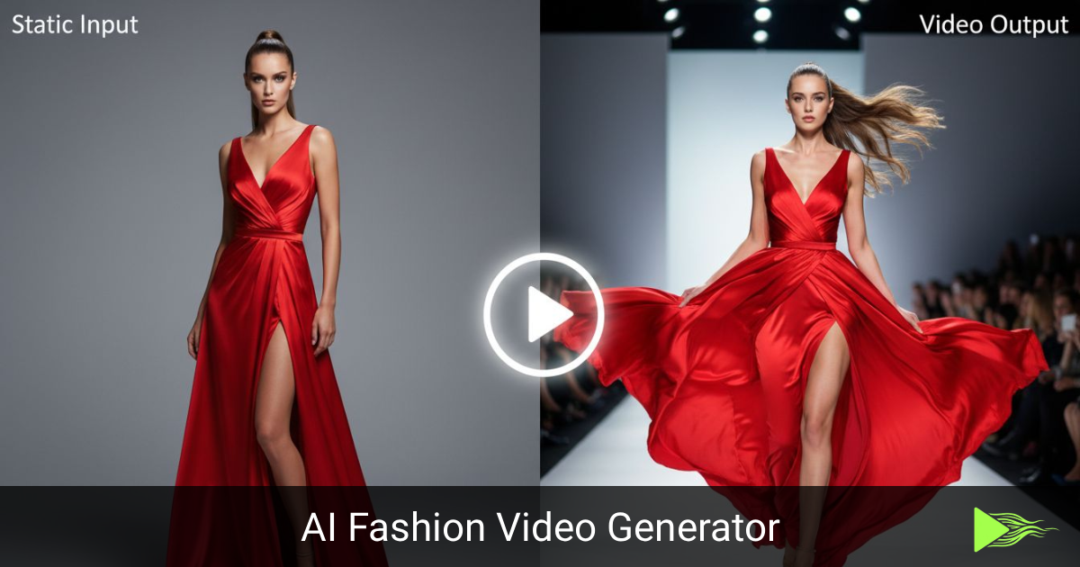 Side-by-side comparison of a static photo of a model in a red satin gown and a generated runway video frame of the same dress in motion