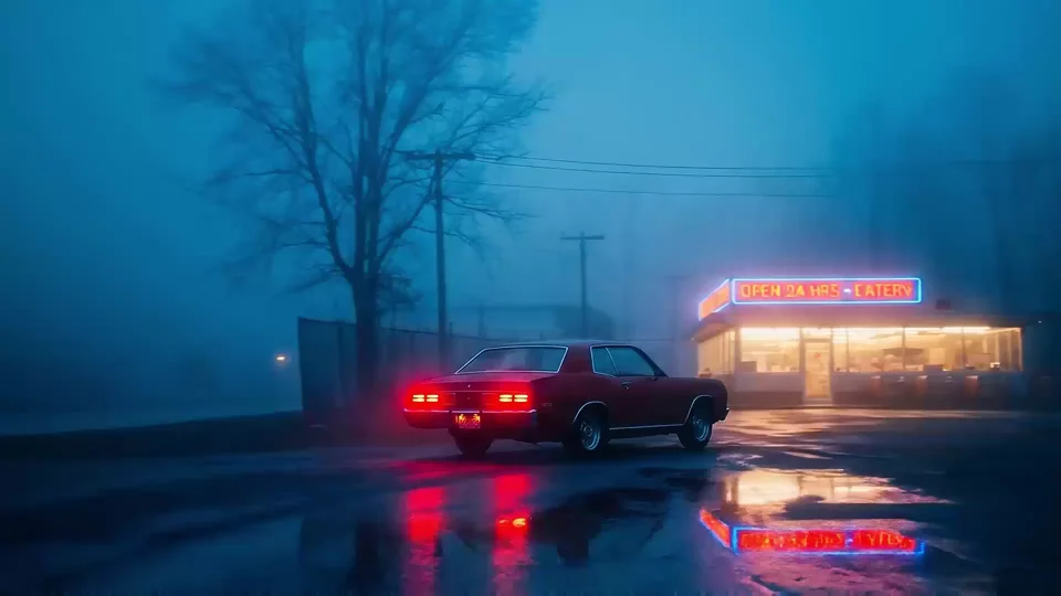 AI-generated video frame of a red car parked outside a neon-lit 24-hour diner on a foggy night