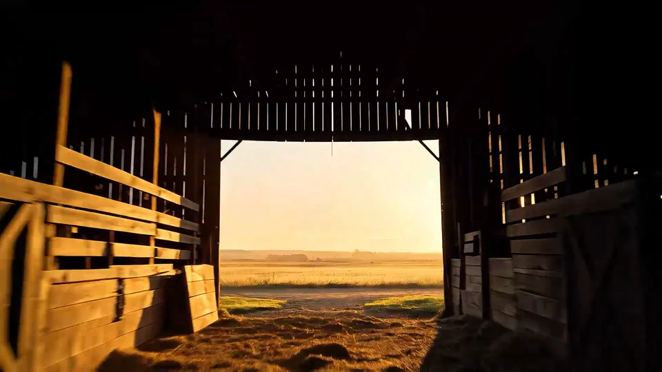 Video frame looking out of a dark barn door toward a sunlit field, used as a first-and-last-frame example