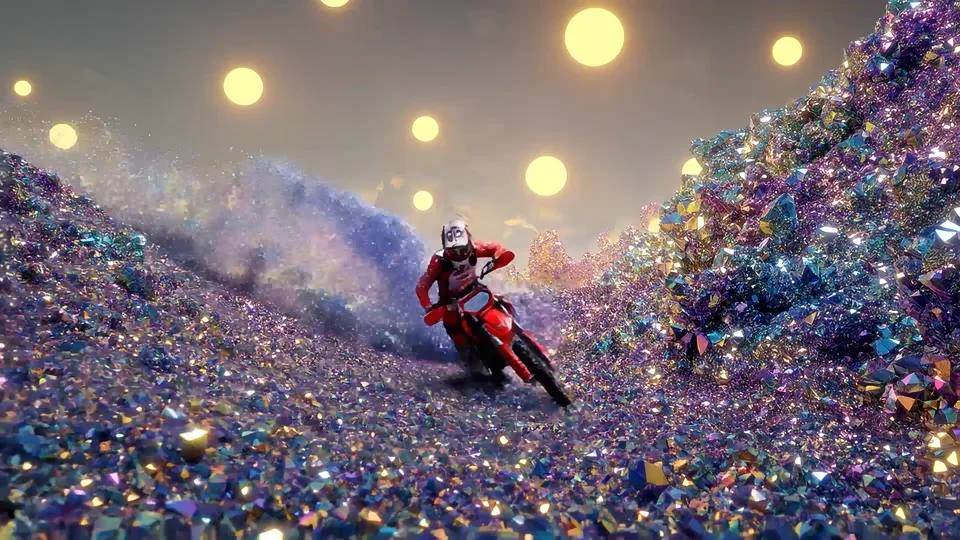AI-generated video frame of a motocross rider racing through a field of glittering crystals