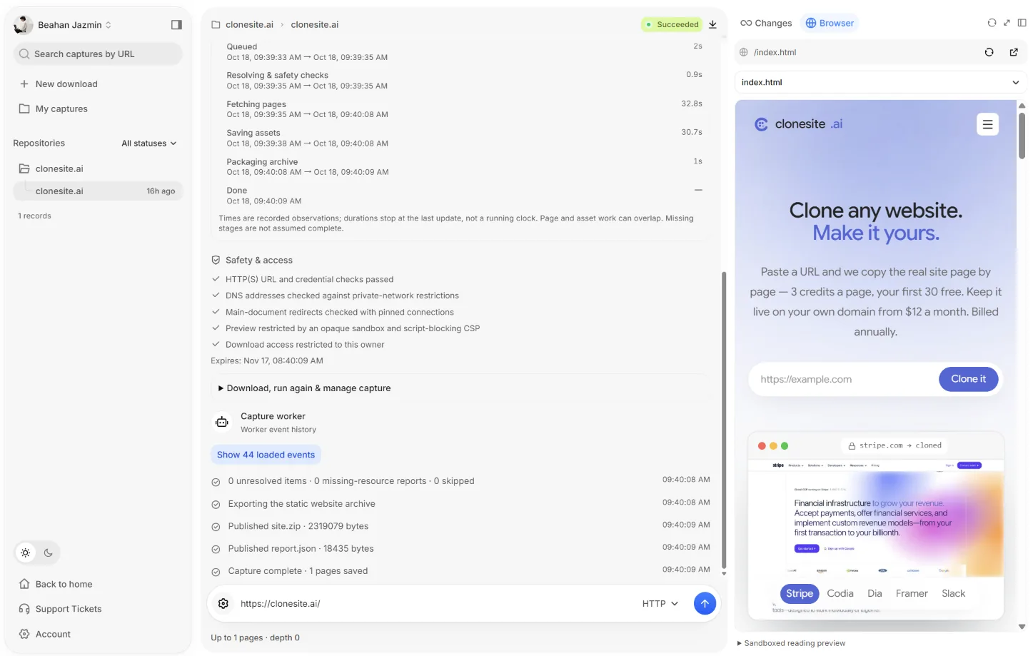 Website Copier capture detail view with a stage timeline, safety and access checks, worker events and a sandboxed static preview of the captured page
