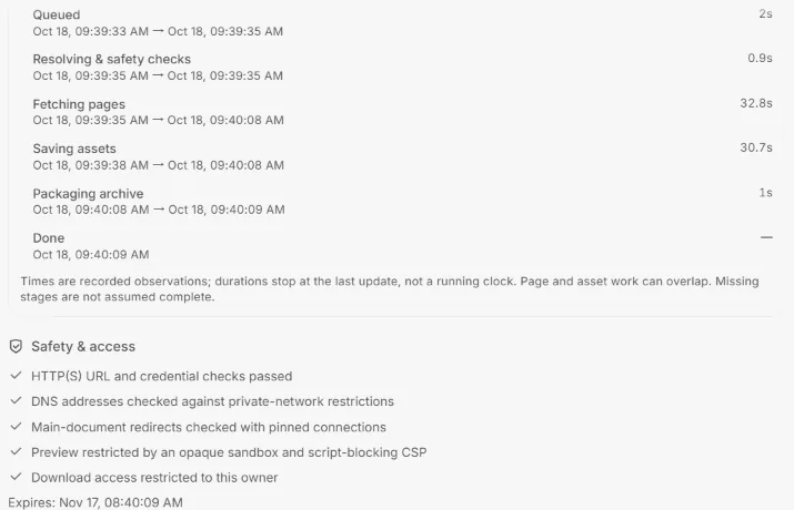 Stage timeline from queued to done with durations, followed by a list of passed safety and access checks