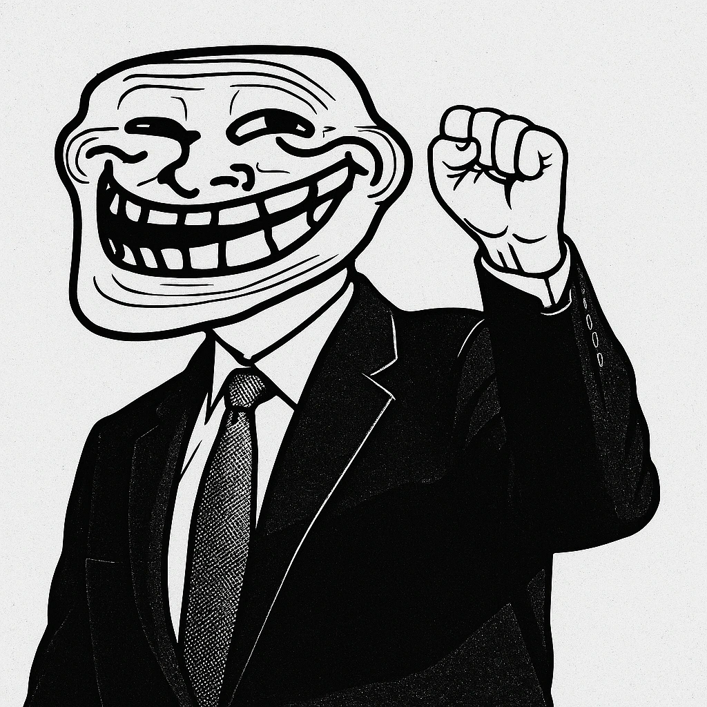 Black-and-white Troll Face illustration of a suited figure raising a fist