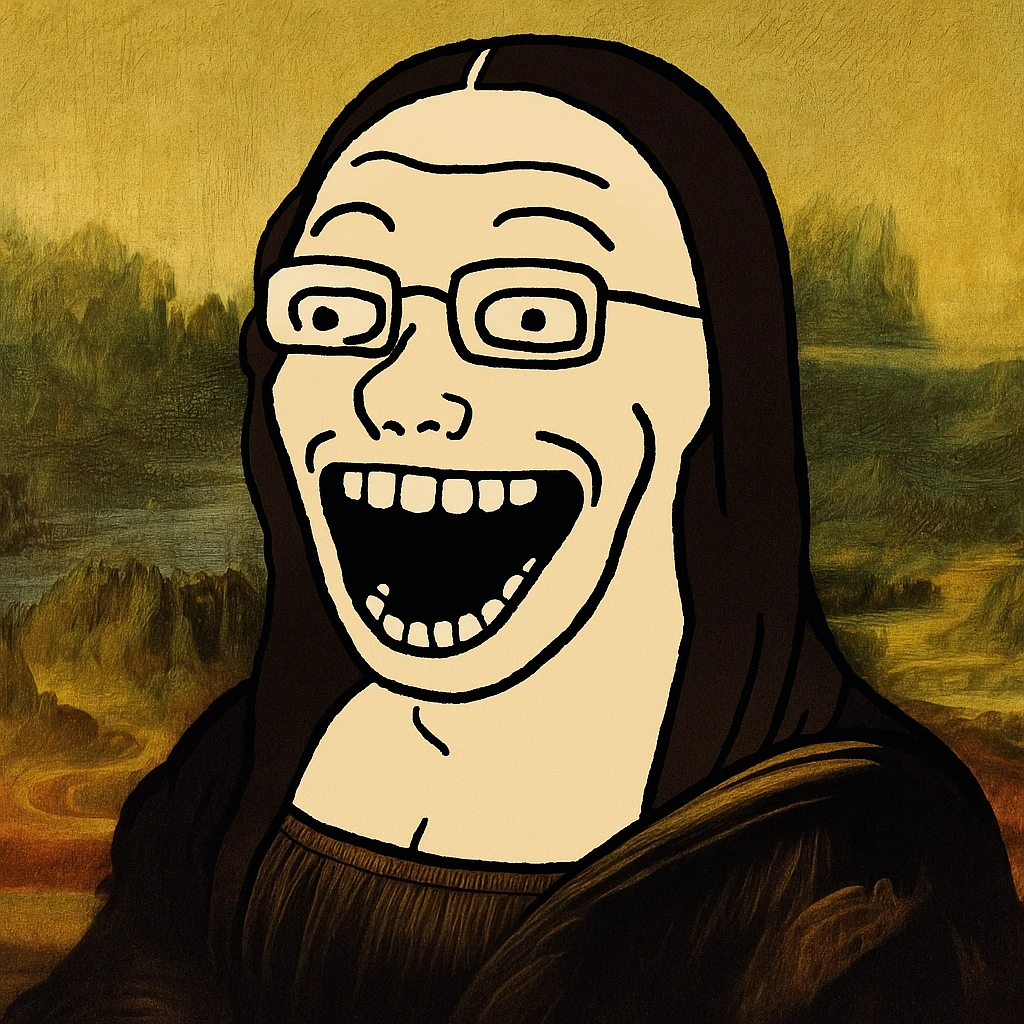Mona Lisa composition with glasses and an exaggerated Soyjak-style cartoon face