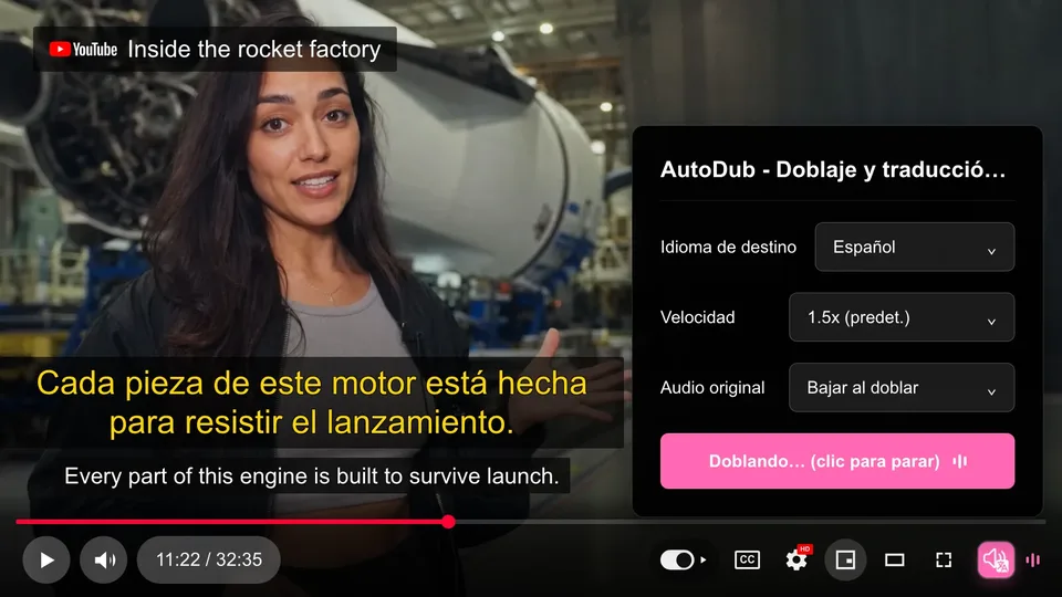AutoDub with a Spanish interface dubbing an English video about a rocket factory into Spanish, with Spanish and English subtitles